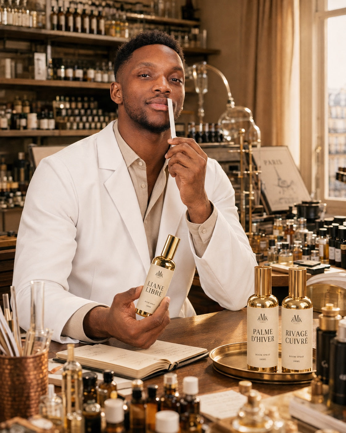 Créateur KMK PARIS évaluant une fragrance sur mouillette dans son atelier