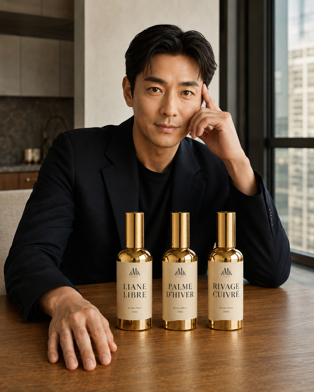 Kenji avec les Room Sprays KMK PARIS — campagne lifestyle autour de RIVAGE CUIVRÉ