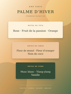 Pyramide olfactive PALME D’HIVER — rose, passion, orange, monoï, fleur d’oranger, coco, musc, ylang-ylang et vanille