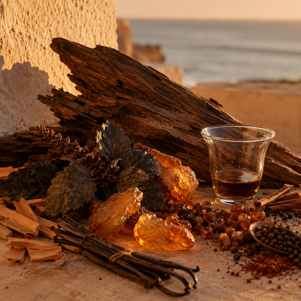 RIVAGE CUIVRÉ — matières olfactives oud, patchouli, ambre, épices et vanille face à l’Atlantique